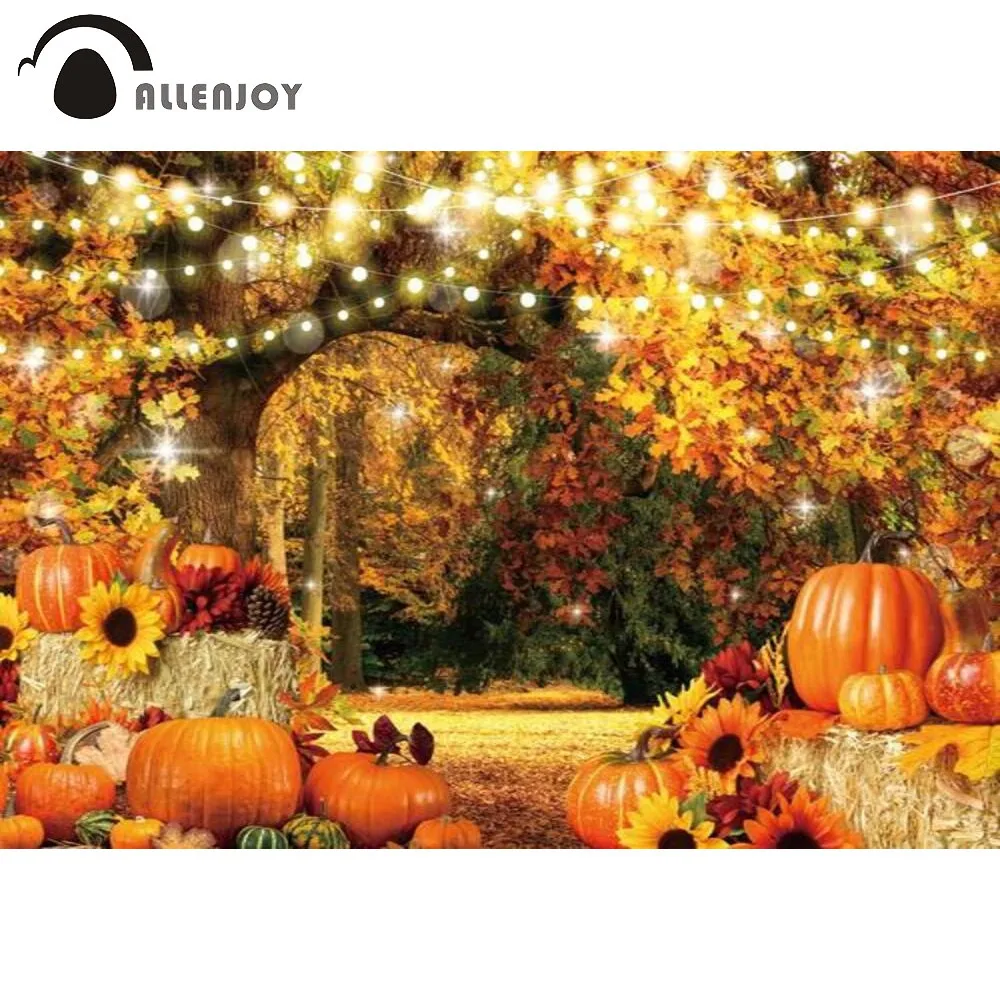 

Allenjoy Autumn Backdrop Sunflower Pumpkin Deciduous Forest Haystack Custom Decor Wallpaper Photo Booth Props Background Banner