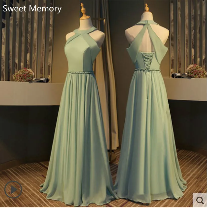 Custom Made Long Gown Chiffon Halter Green Bridesmaid Dresses for Wedding Party Graduation Vestido Longo De Festa Female Robes