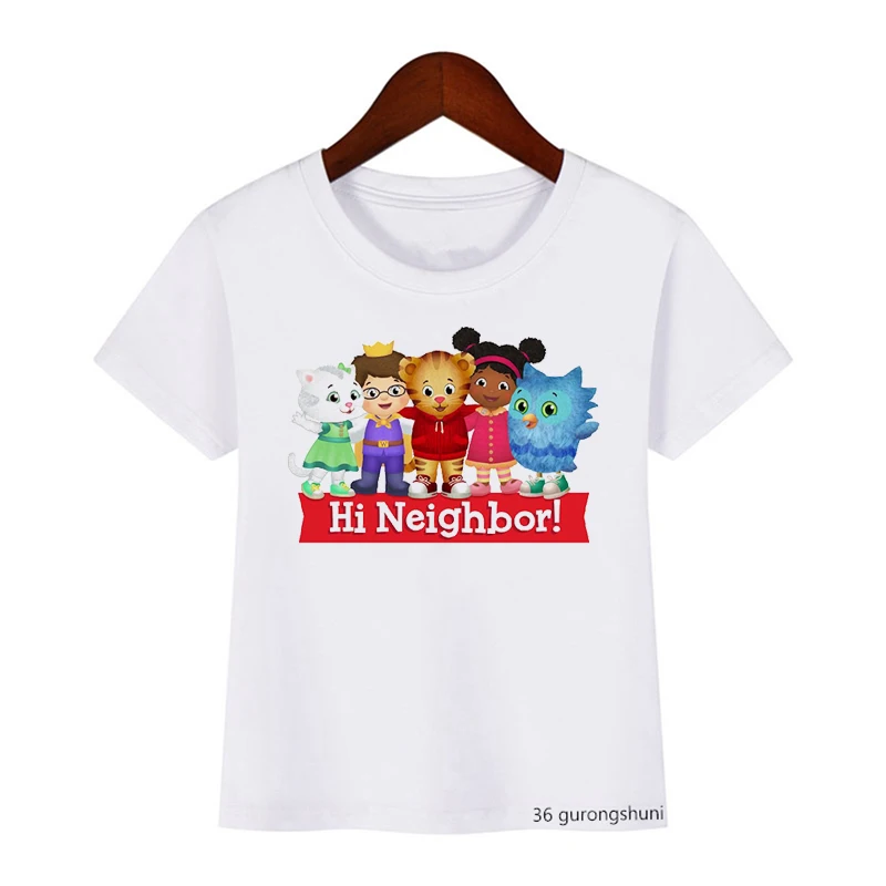 Camiseta con estampado de dibujos animados para niños, camisetas de moda para niños, camisetas blancas para niñas, lindo barrio Daniel Tiger'S, Harajuku, Verano