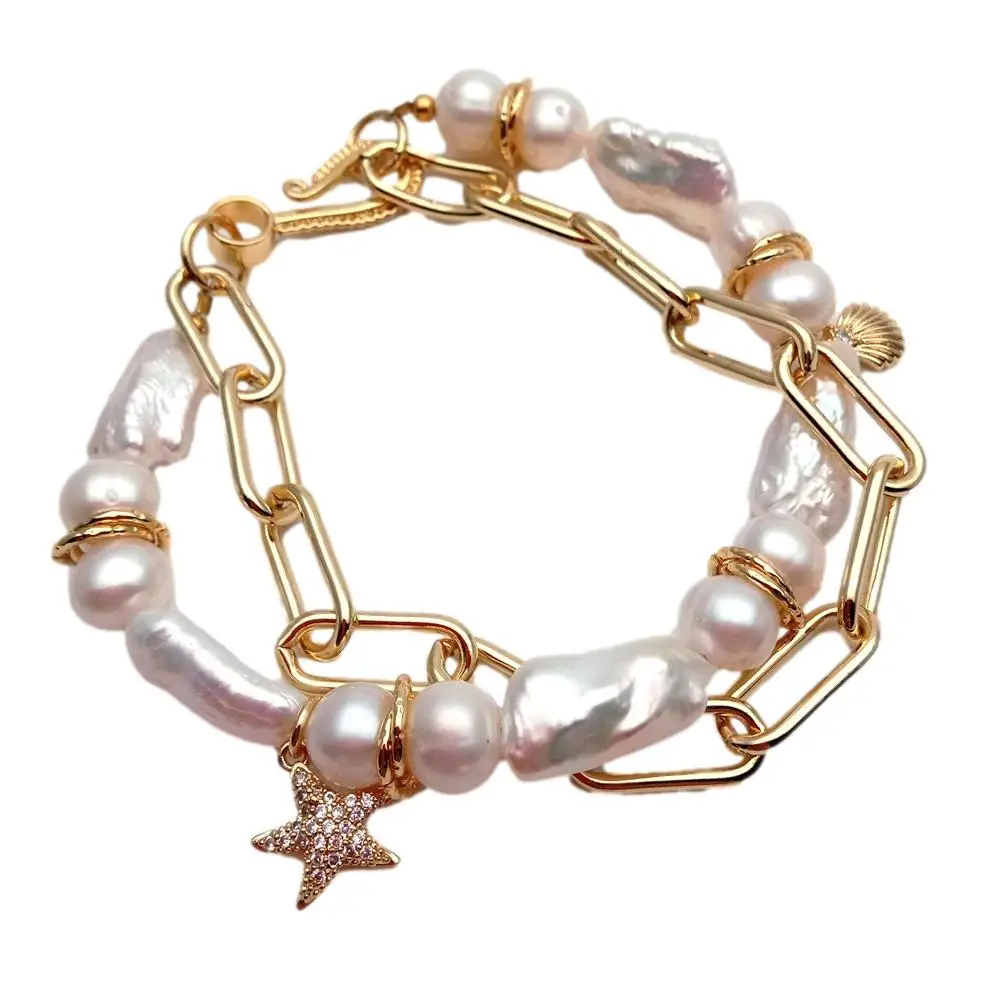 

Y·YING Freshwater Pearl White Biwa Pearl Gold Plated Chain Charm Bracelet 8"