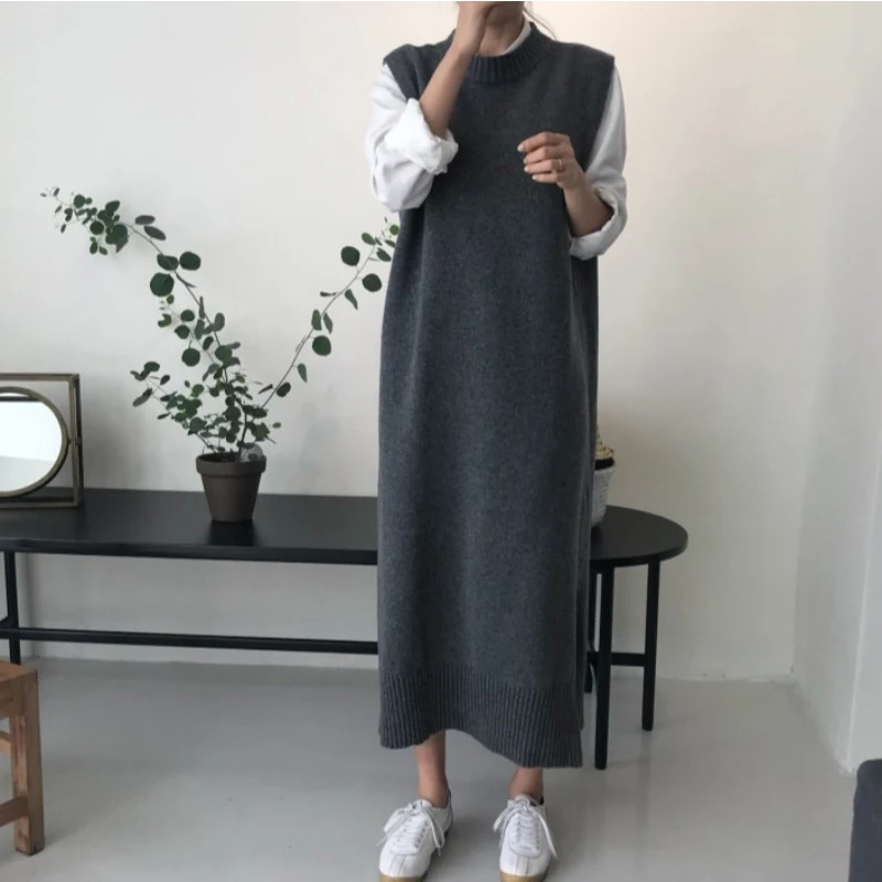 Korean Warm Women Autumn Winter Long Sweater Knitted Loose Sundress O Neck Sleeveless Long Vest Dresses Robe Femme Vestido