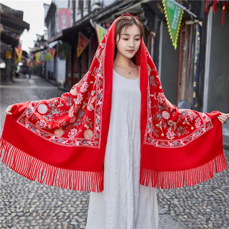 Ultra Long Scarf Wrap Women Pashmina With Tassels Embroidery Flower Echarpes Chal Artificial Cashmere Cape Mujer Bufanda