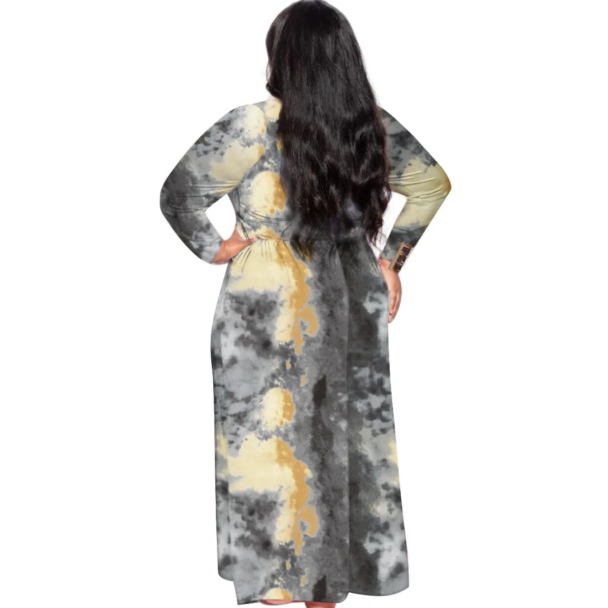 Women\'s Clothing Plus Size Dresses 2021 Urban Casual Commute Long Dresses Fashion O-Neck Long Sleeve Shrink Waist Tie-Dye Dress