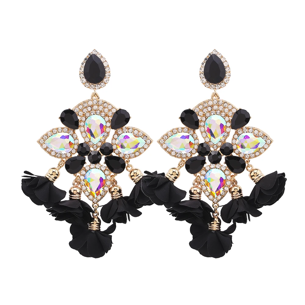 Boho India Earrings For Women Flower Tassel Earrings Big Rhinestones Pendant Crystal Statement Earring Fashion Jewelry Gifts