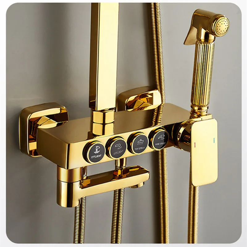 Thermostatic Shower Set of Four Function Bathroom Gold Shower System Copper Bathtub Mixer Faucet Rainfall Bathroom Shower Set