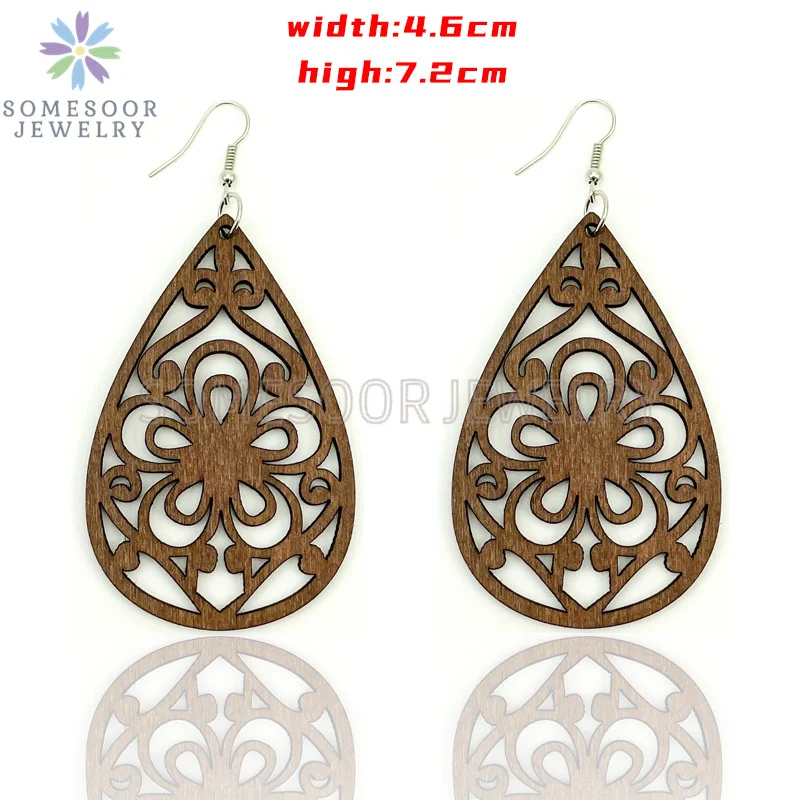 SOMESOOR Dark Brown Geometric Engraved African Wooden Drop Earrings Afrocentric Ethnic Bohemian Dangle Jewelry For Women Gifts