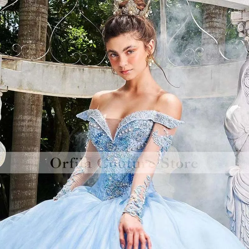 Principessa abiti Quinceanera azzurri gonna a strati perline abiti da xv ol 2021 Off spalla Masquerade Prom Wear