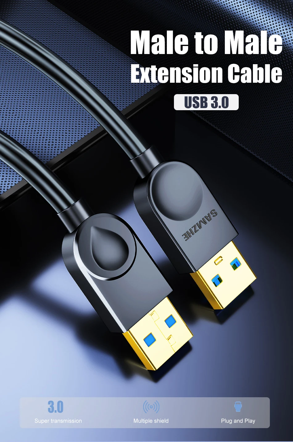 SAMZHE USB zu USB 3,0 Verlängerung Kabel Stecker auf Stecker 2,0 Verlängern Kabel Für PC TV PS4 Computer Laptop Extender – Detail 2