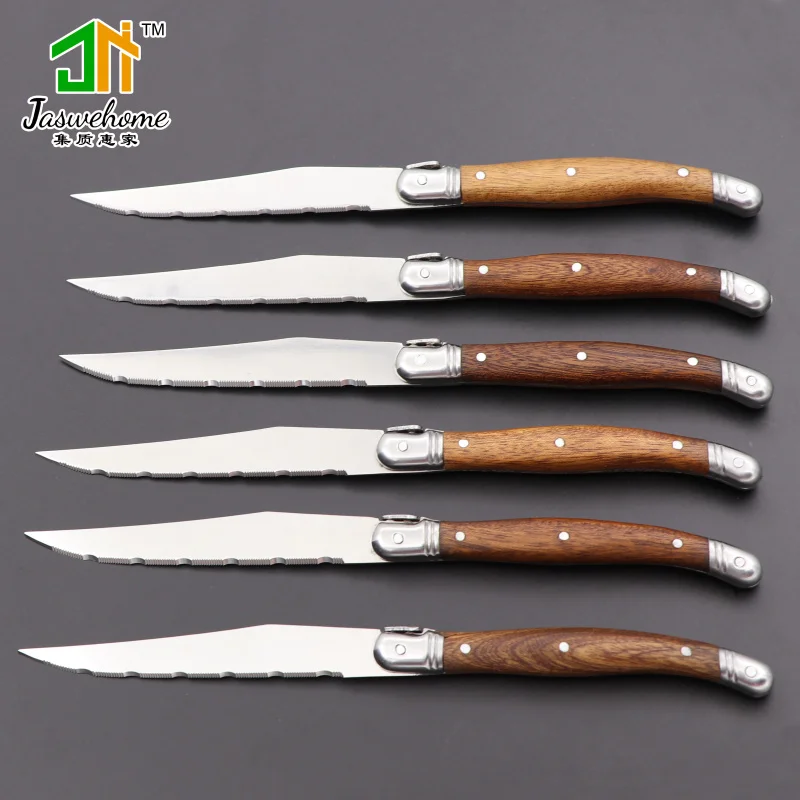 Jaswehome 6pcs Stainless Steel Steak Knife Set Dinner Tableware Set Rosewood Handle Cutlery Laguiole Knife Serrated Meat Knife