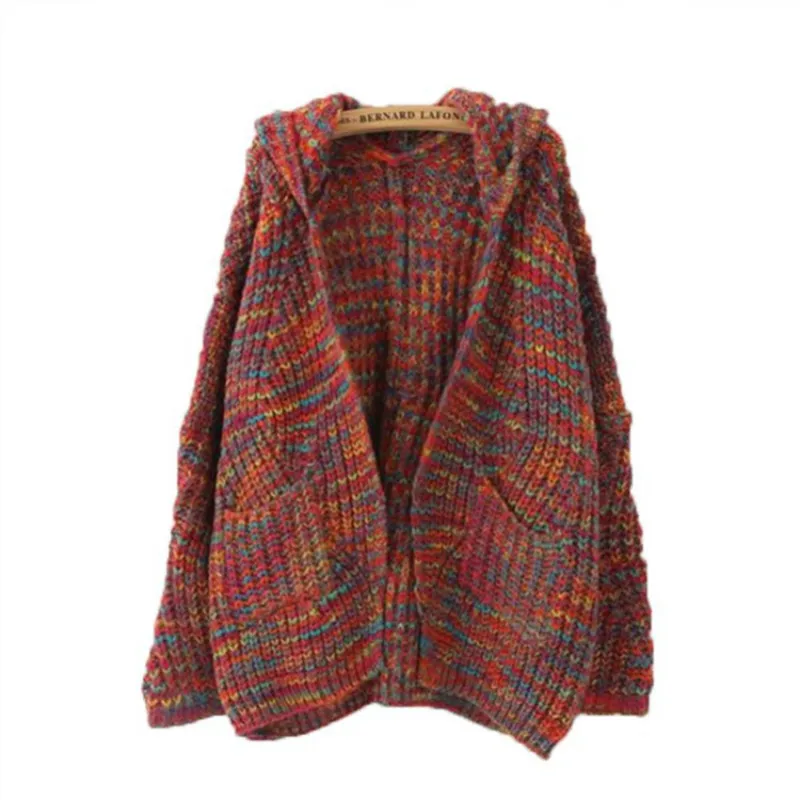 Loose Cardigan Autumn Women's Sweater Coat Female Korean Streetwear Fashion Rainbow Sweaters Knitted Jacket Hooded LK8563