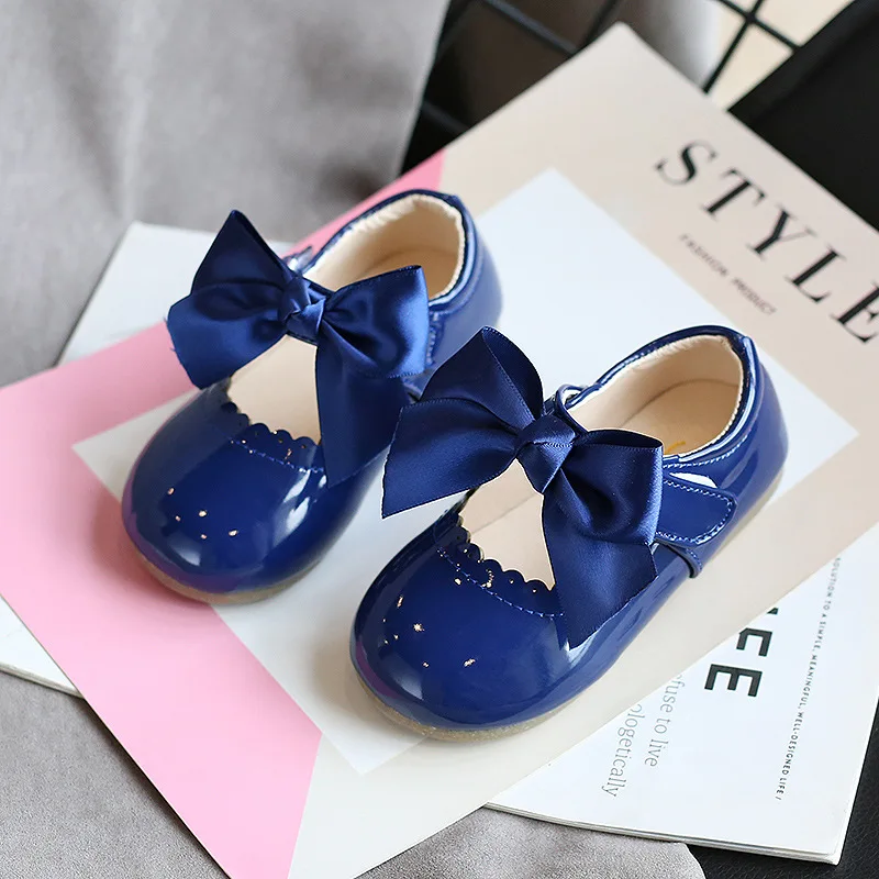 Princess Girls Shoes Toddlers Infants Leather Shoes Children\'s Flats With Ribbon Bow-knot PU Patent Leather Kids Mary Janes Soft