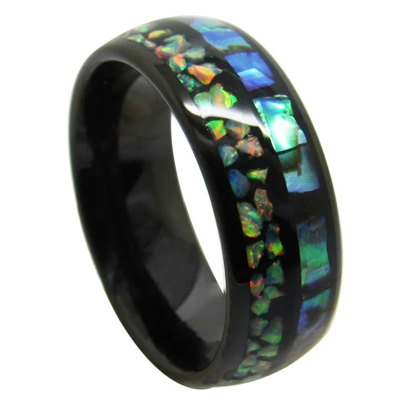 6/8mm Width Boho Tungsten Wedding Rings Black Tone Inlay Green Opal & Natrual Shells for Couples Size 6-13 Can Engraving