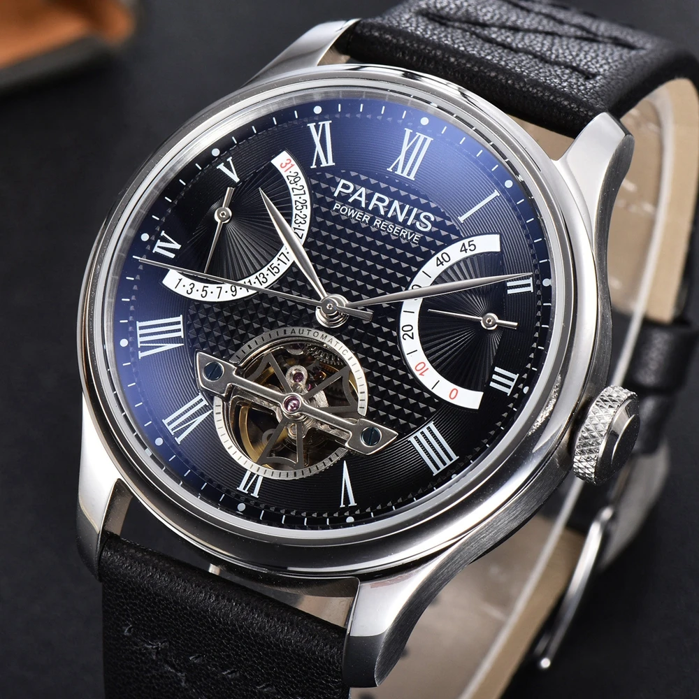 

Parnis 43mm Black Dial Men's Automatic Watch Silver case Leather strap Calendar Kinetic Flywheel Power Reserve Mechanical Watch