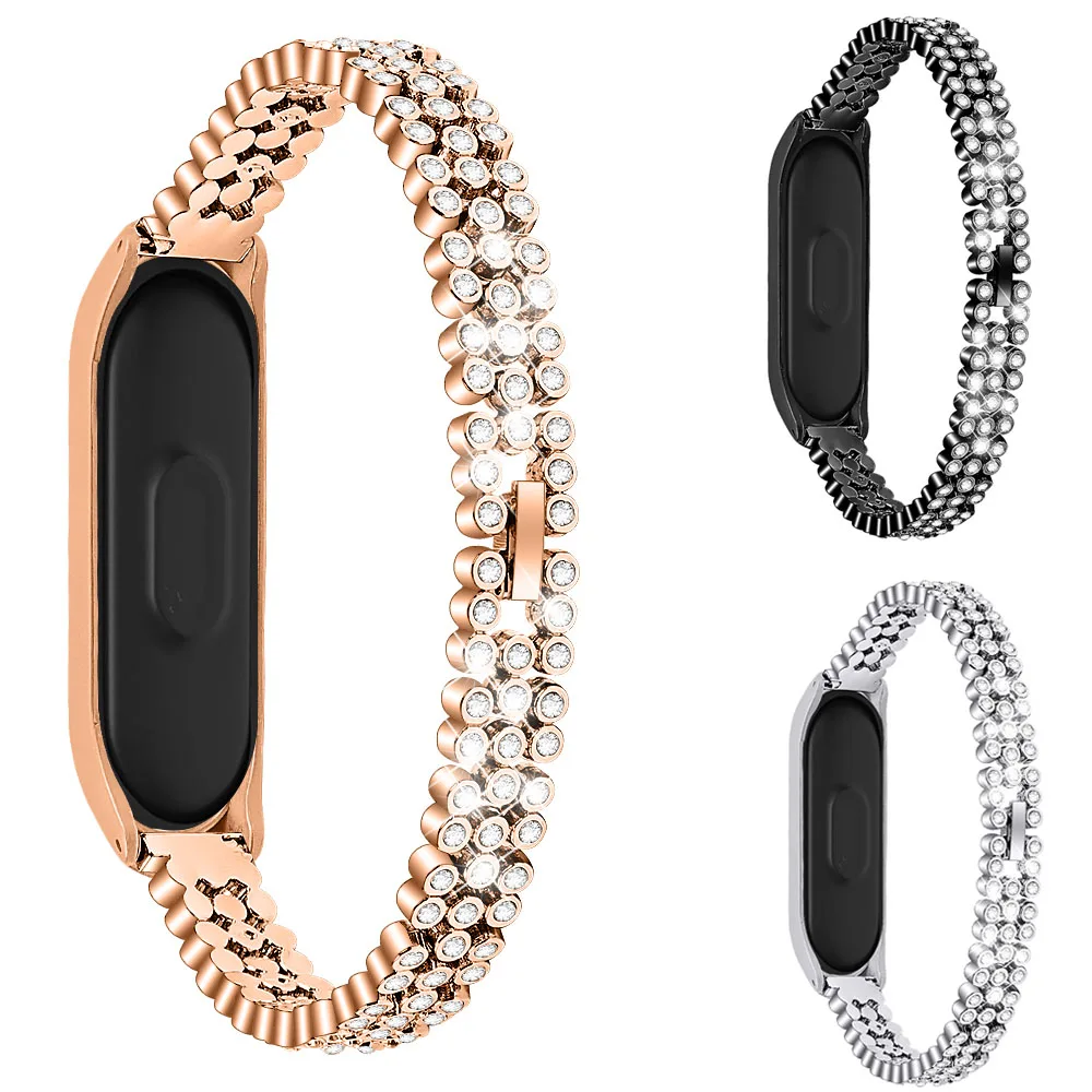สายสแตนเลสสำหรับ Xiao mi mi Band 3 4 คริสตัลโลหะนาฬิกาสร้อยข้อมือสมาร์ทสำหรับ mi band 3 เข็มขัดนาฬิกาสายรัด mi 3/4