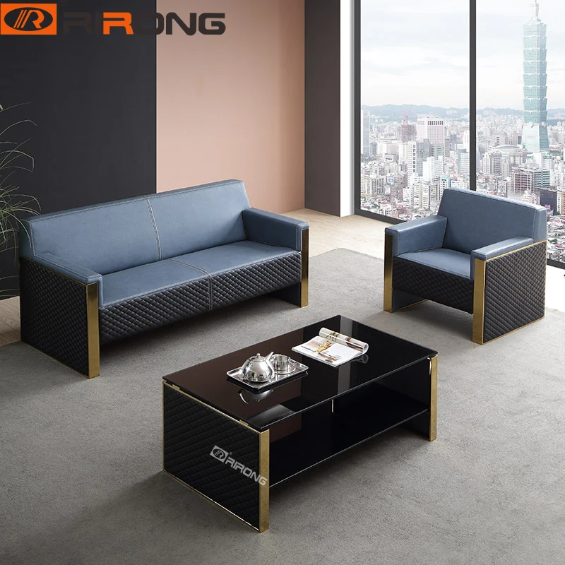 Black Steel Gold Wood Office Furniture Design Executive Manager Leather Office Sofa Couch Coffee Table Set