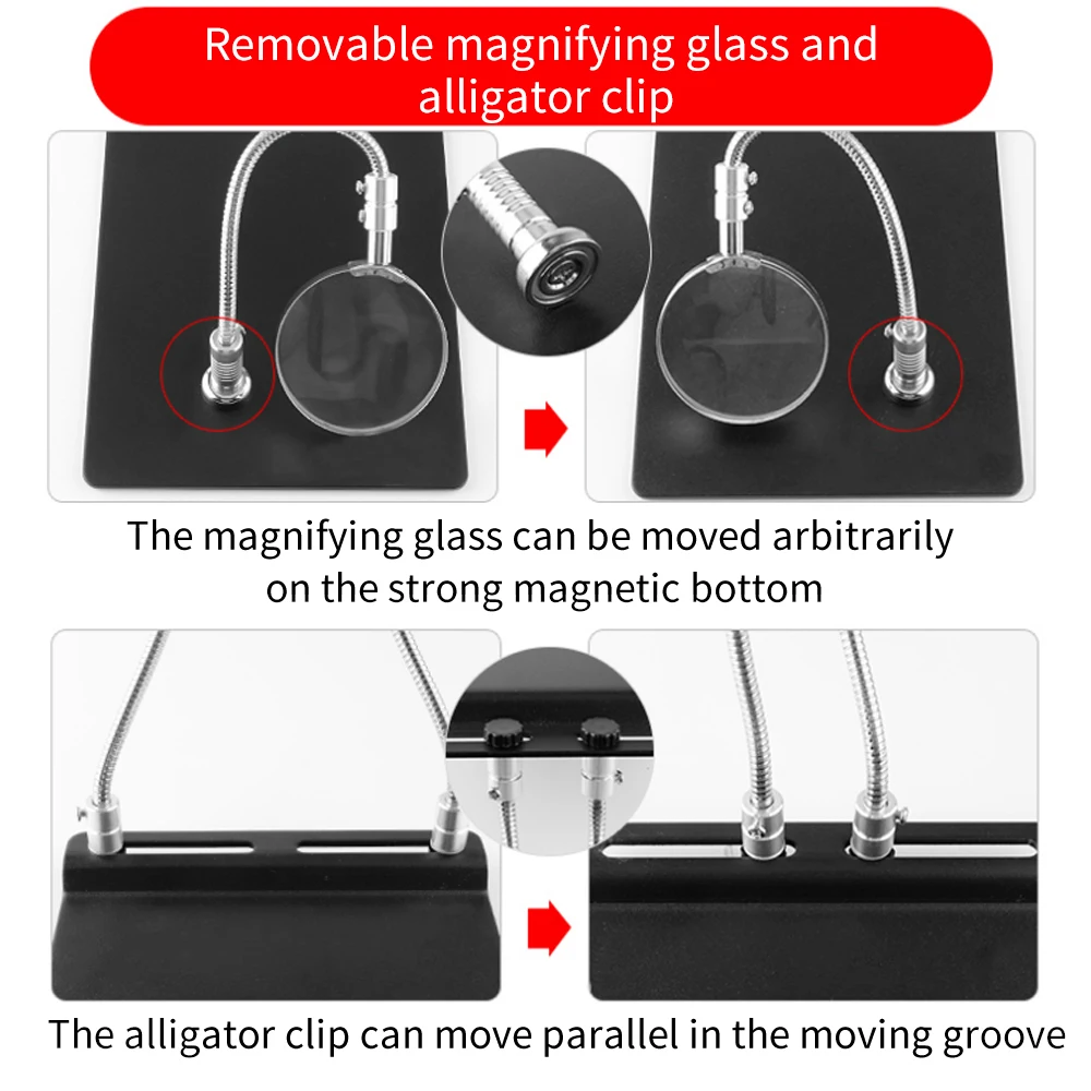 LUXIANZI-Solda Mão Ajudando, PCB Board Clipe de Fixação com Base Magnética, 3XMagnifier Braço Flexível, Soldagem Repair Tool, Terceira Mão