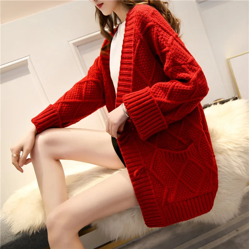 Red Thick Warm Knitted Sweater Women Student Tops Autumn Winter Fashion Casual Loose Big Pocket Knit Cardigan Ladies Jumper