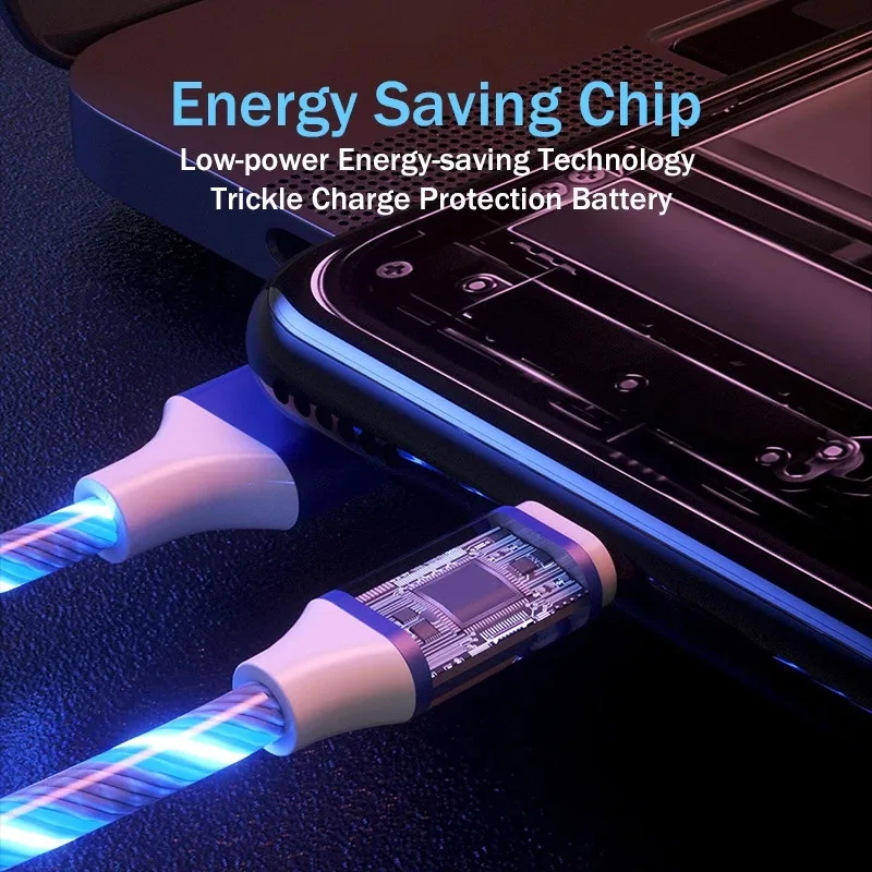 3 in 1 LED Flowing Light Glowing Charging Cable Micro USB Type C Cable Fast Charging for iPhone Huawei Xiaomi Redmi Phone Cable