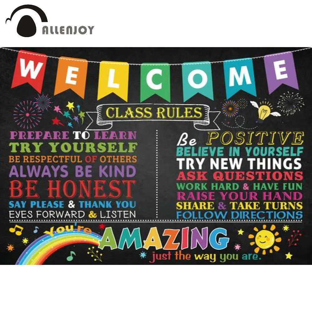 

Allenjoy Welcome First Day of Preschool Party Backdrop Class Rules Kids Rainbow Colourful Blackboard Stars Photocall Background