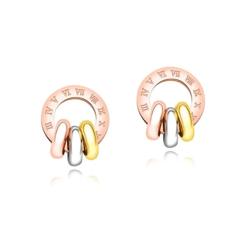 Luxury brand Rose Gold Color Roman Numerals Stainless Steel Stud Earrings For Women Girls Best Jewelry Gift Bjioux