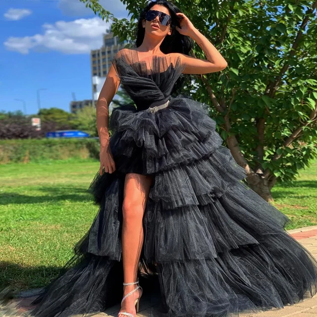 Black Puffy Tulle Dress Hi Low Prom Party Dresses Vestidos Lush Tutu High Slit Sexy Evening Gowns Event Dress Dresses AliExpress