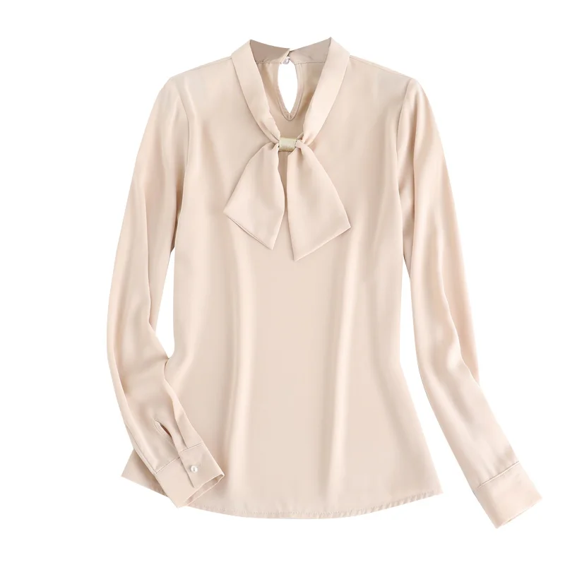 Lenshin – chemises en tissu doux pour femmes, Blouse à col rond avec nœud, tenue de travail, bureau, femme, haut Champagne, style ample