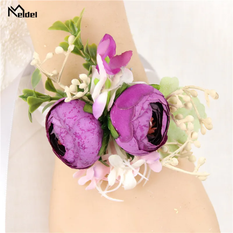 Meldel Pernikahan Groom Boutonniere Sutra Roses Pengiring Pengantin Pergelangan Tangan Gelang Korsase Aksesoris Bunga Pernikahan Prom Perapi Dekorasi