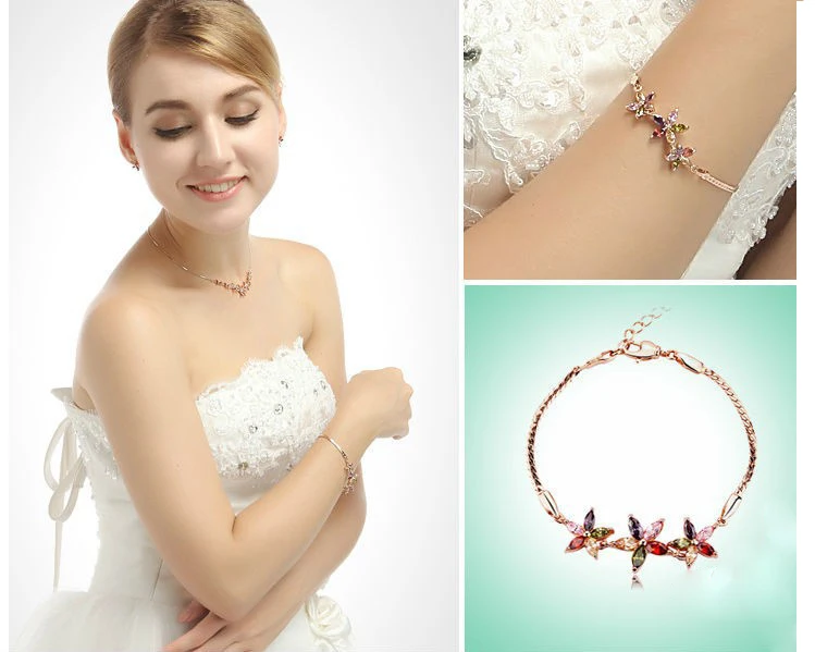 LUOTEEMI Rose Gold Color Cute Small Flowers Jewelry Sets for Women Fashion Earring Necklace Bracelet Bridal Wedding Accessories