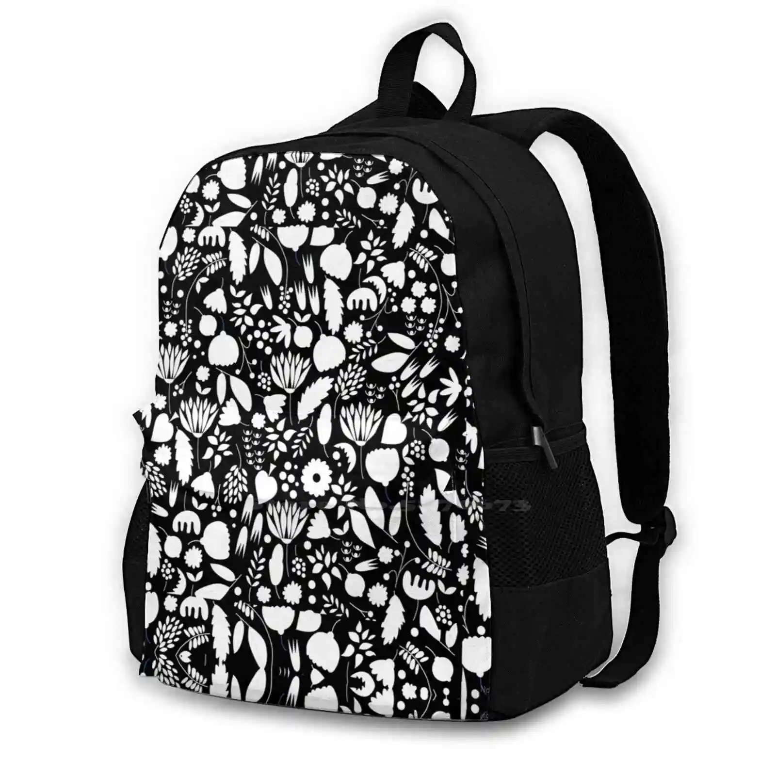 Black And White School Bags For Teenage Girls Laptop Travel Bags Floral Flower Hibiscus Bloom Tropical Pattern Patterns Petals