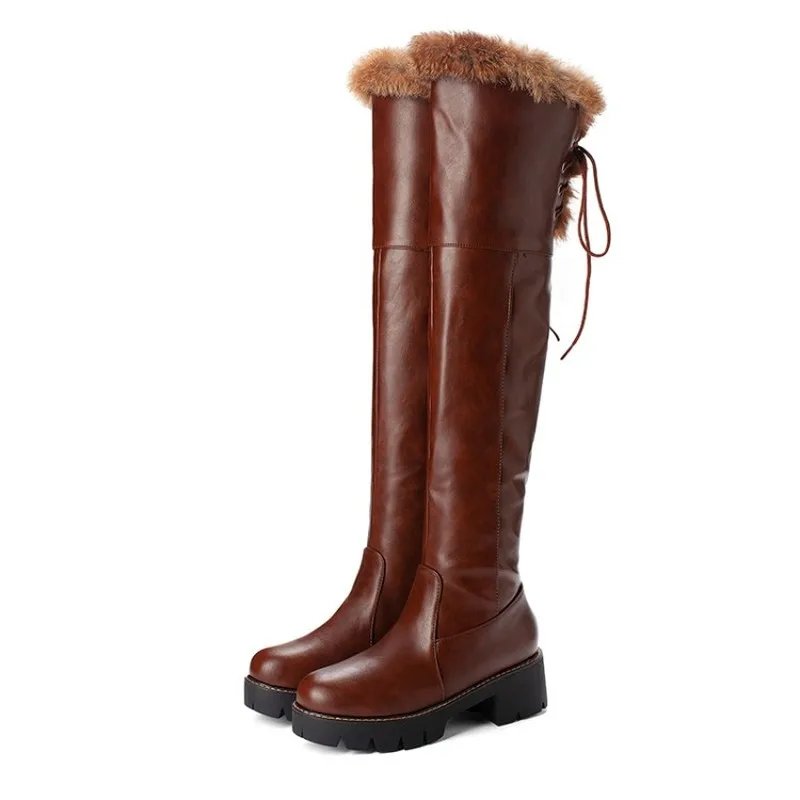 winter The New Rabbit hair fashion Round head High tube Over the knee boots Plus velvet Keep warm High heel Women boots