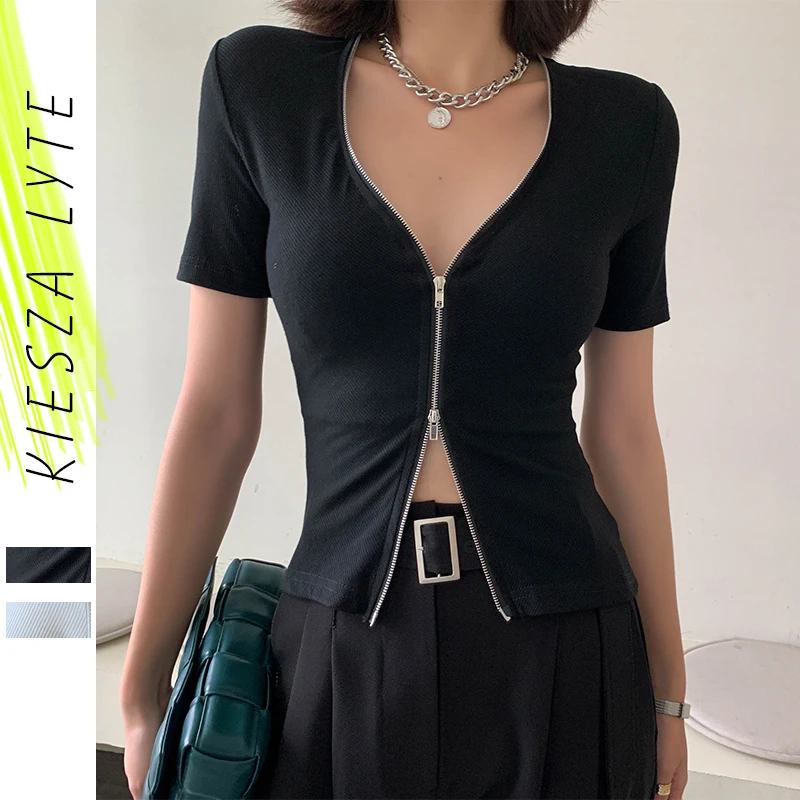 

Sexy Women T shirt 2024 Zipper Slim Knitted Solid Black White Short Sleeve Skinny Basic Cropped Tops Streetwear Femme Outfit