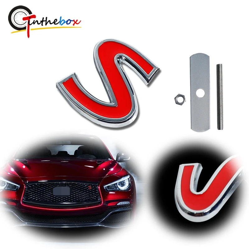 

Gtinthebox 1PC 3D Chrome Red S Letter Logo Car Front Grill Badge Sticker Decor w/ Mounting Bolt For Infiniti Q50 Q60 Q70 etc
