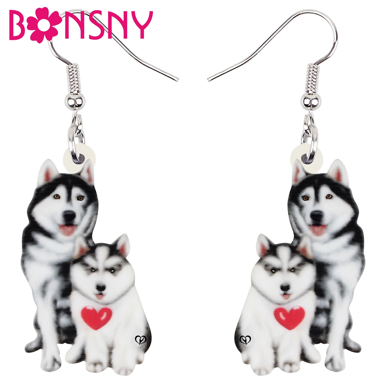 BONSNY Mother's Day Acrylic Red Heart Husky Dogs Earrings Pets Long Drop Dangle Fashion Charm Jewelry For Women Girls Teens Gift