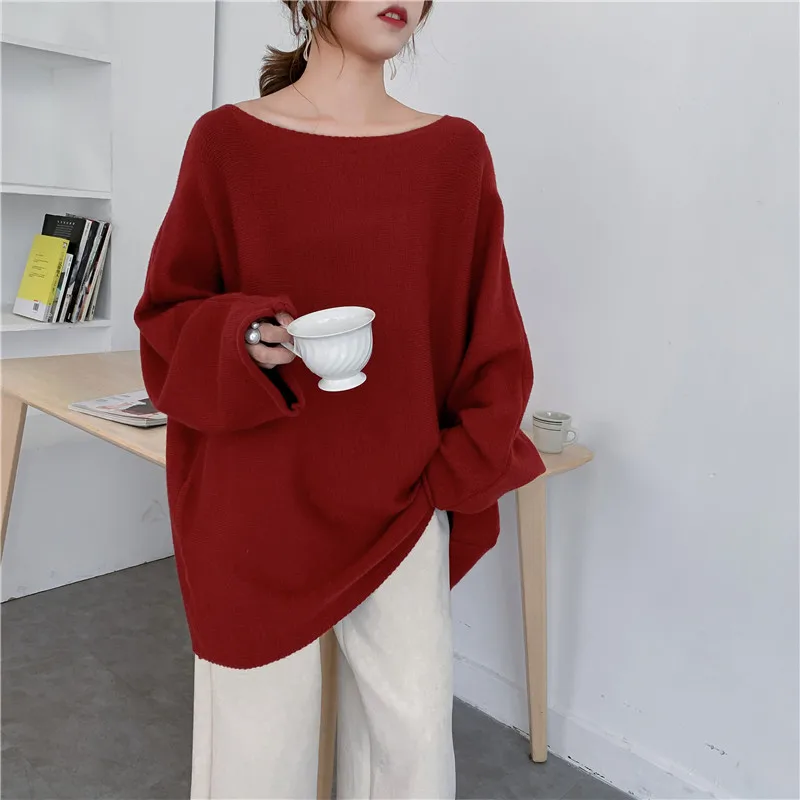 [ZAYAU] Vino Rosso Maglione delle Donne Inizio Primavera e Autunno Net Coreano Allentato Sexy Off Spalla Pullover Un Collo T-shirt 2021