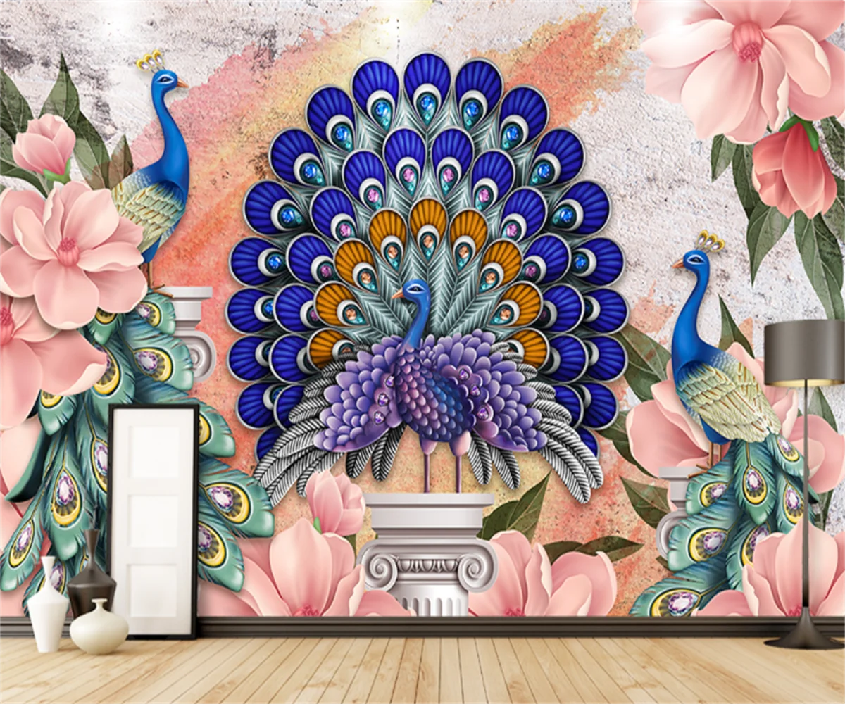 Customize any size wallpaper mural fresh Nordic style auspicious peacock porch stereo background wallpaper hotel stickers papel