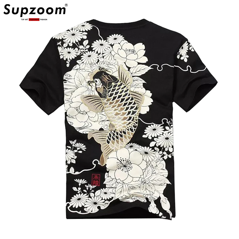 Supzoom New Arrival Fashion Knitted Hot Sale Chinese style Embroidery With Short Carp Tattoo O-neck Cotton Casual T Shirt Men