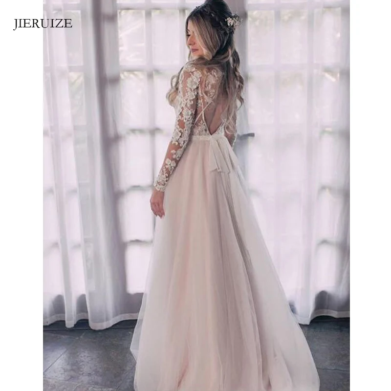 

JIERUIZE White Vintage Lace Appliques Backless Boho Wedding Dresses Long Sleeves Bride Dresses Beach Wedding Gowns