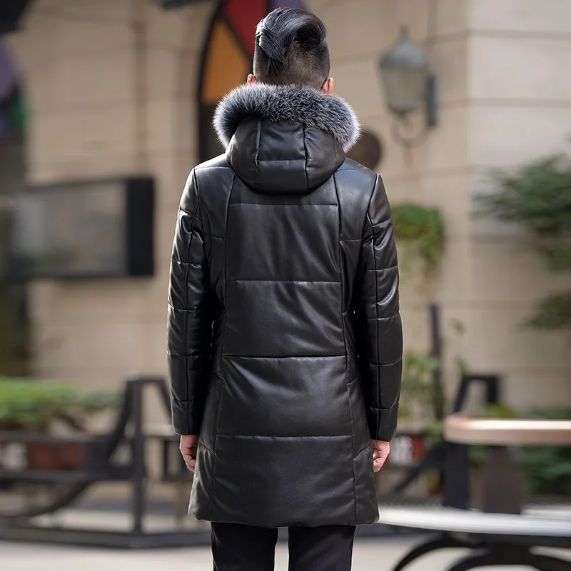 

Winter Leather Jacket Men Duck Down Long Coat Male Fox Fur Collar Second Layer of Sheepskin Coat Outwear HN1719 LX2357