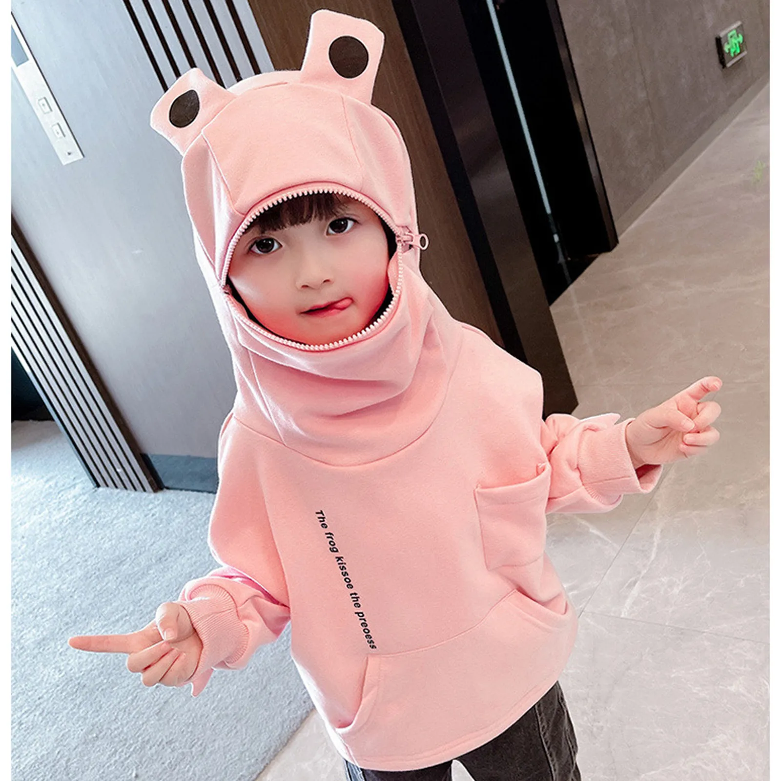 Kids Baby Girls Boys Cotton Sweatshirt 3D Cartoon Frogs Hoodies Zipper Mouth Hooded Pullover With Large Pocket Sweatshirts