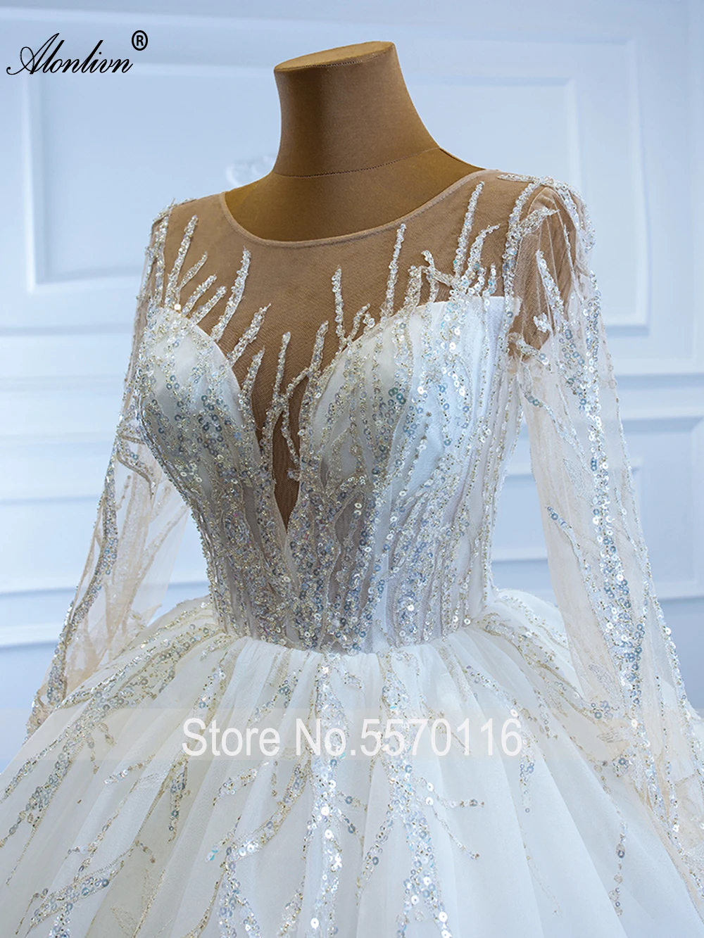 Alonlivn High-end Scoop Neckline Of Sequin lace Line Wedding Dress With Full Sleeve  Vestido de Noiva Court Train