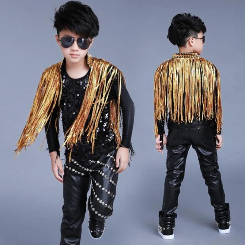 Jazz Dance Costume Sequined Fringed Coat Gold Silver Fringed Shawl Boys Hip Hop Street Dancing Clothes Stage Outfit DNV11849