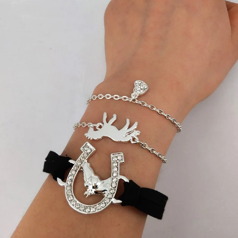 hzew 3 pcs/set Leather rope horse head horseshoe bracelet gold color horse heart bracelets