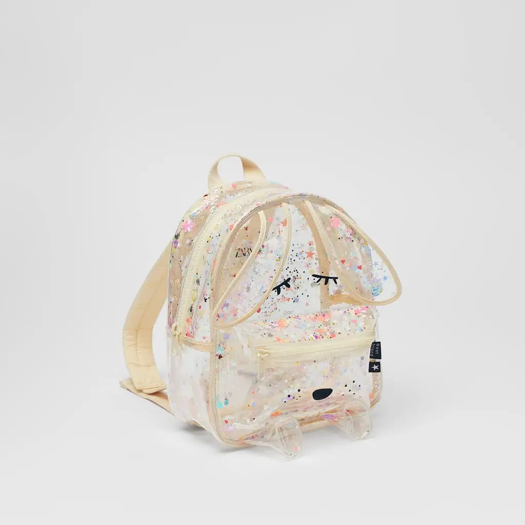 Mochila transparente con lentejuelas brillantes para niños, bolso de hombro con forma de conejito, bonito, para compras, novedad de verano