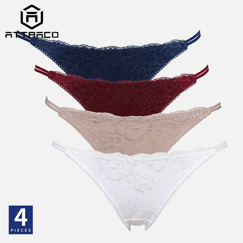 ATTRACO Women\'s Panties Underwear 4 Pack Lace Bikini Thong G String Low Rise Hipster Sexy Lingerie  трусы женские кружевные