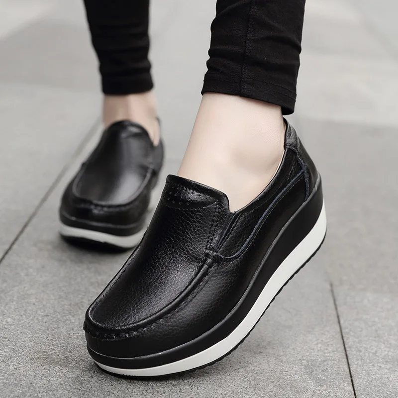 Spring Women\'s leather shoes Platform Shoes Casual Shoes Breathable Wedge Sneakers white Black Trainers Knitting Shoes Large siz