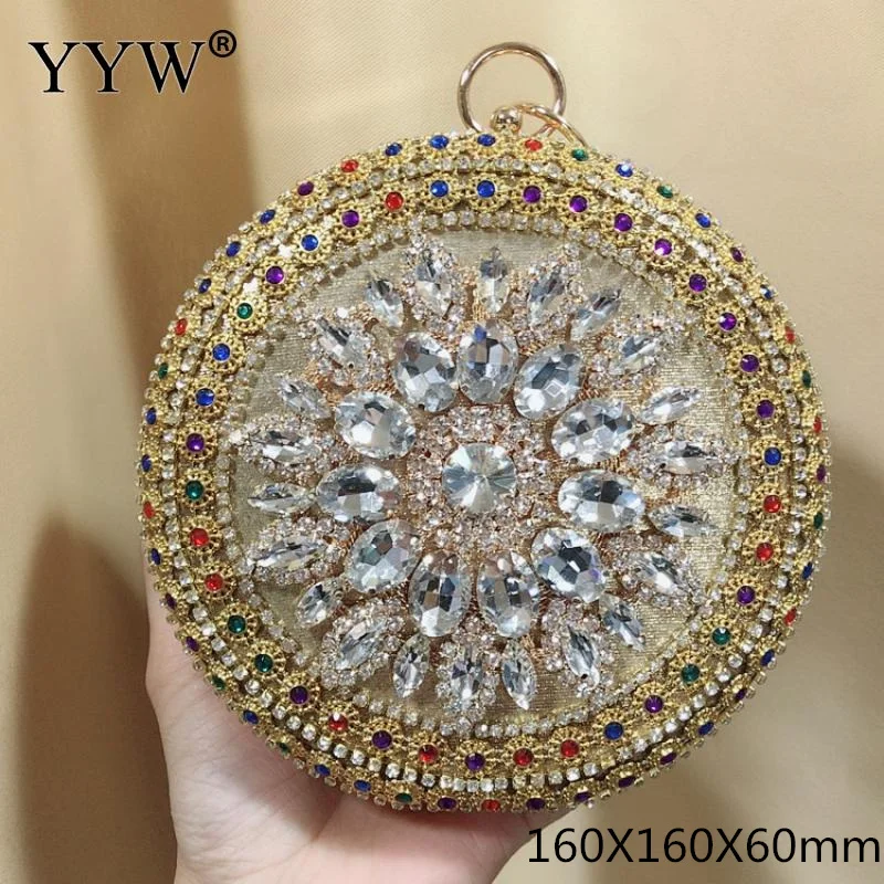 Yyw bolsa feminina brilhante strass redonda para tarde bolsa de mão elegante bolsas de mão festa de casamento bolsa de mão de cristal dourada