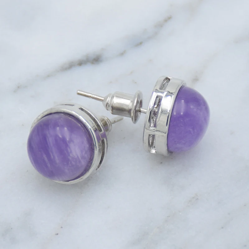 Natural Stone Round Stud Earrings Female Pink Quartzs Tiger Eye Crystal Silver Color Simple Ear Jewelry for Women Earring Gift