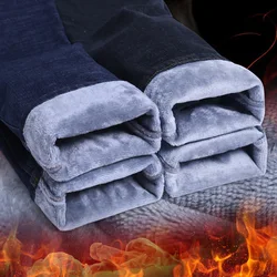 Pantalones vaqueros elásticos de terciopelo grueso para hombre, Jeans cálidos informales de forro polar, talla grande, moda de invierno, 2023