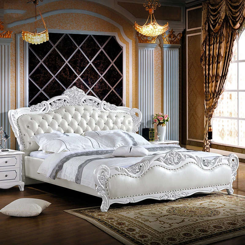 

modern european solid wood bed 2 people Fashion Carved leather french bedroom furniture pearly white 0518