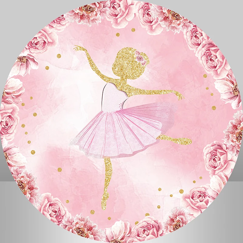 Gold Glitter Fairy Dance Ballerina Party Round Backdrop Flower Pink Girls Birthday Circle Background Party Decor Photo Studio